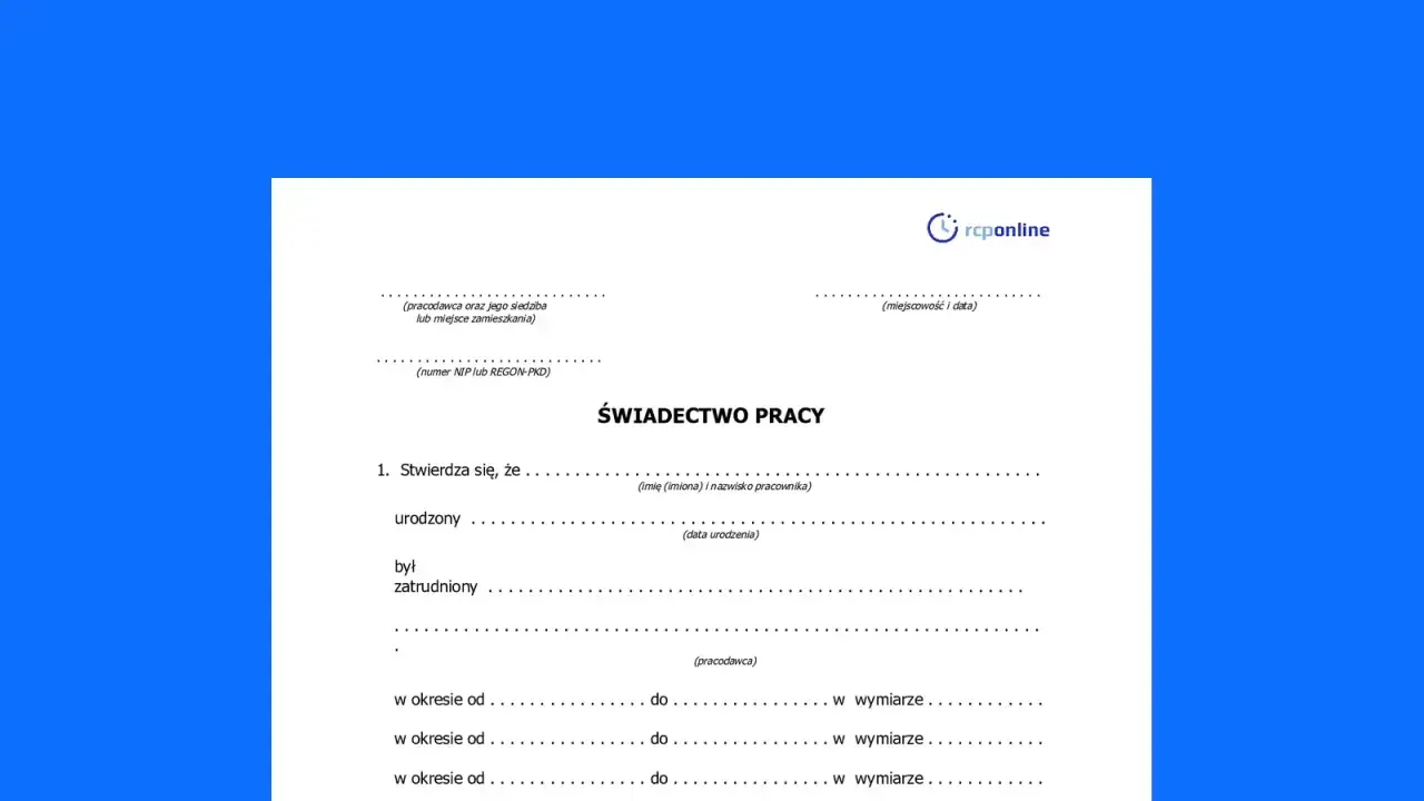 Formularz świadectwa pracy, dokument potwierdzający zatrudnienie.