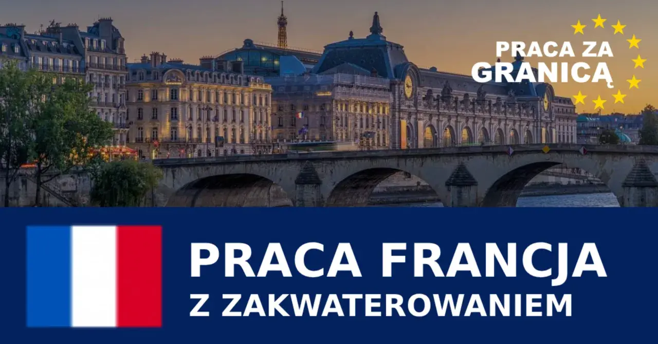 Praca Francja z zakwaterowaniem. Paryski most i budynki w tle.