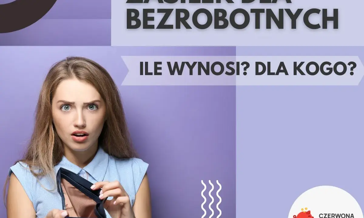 Zaskoczona kobieta pokazuje pusty portfel. Grafika informuje, komu przysługuje zasiłek dla bezrobotnych i ile wynosi.