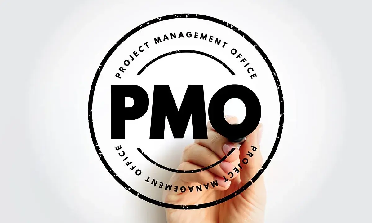 Ręka pisze markerem "PMO" w okręgu z napisem "PROJECT MANAGEMENT OFFICE". To symbol pmo stanowiska.