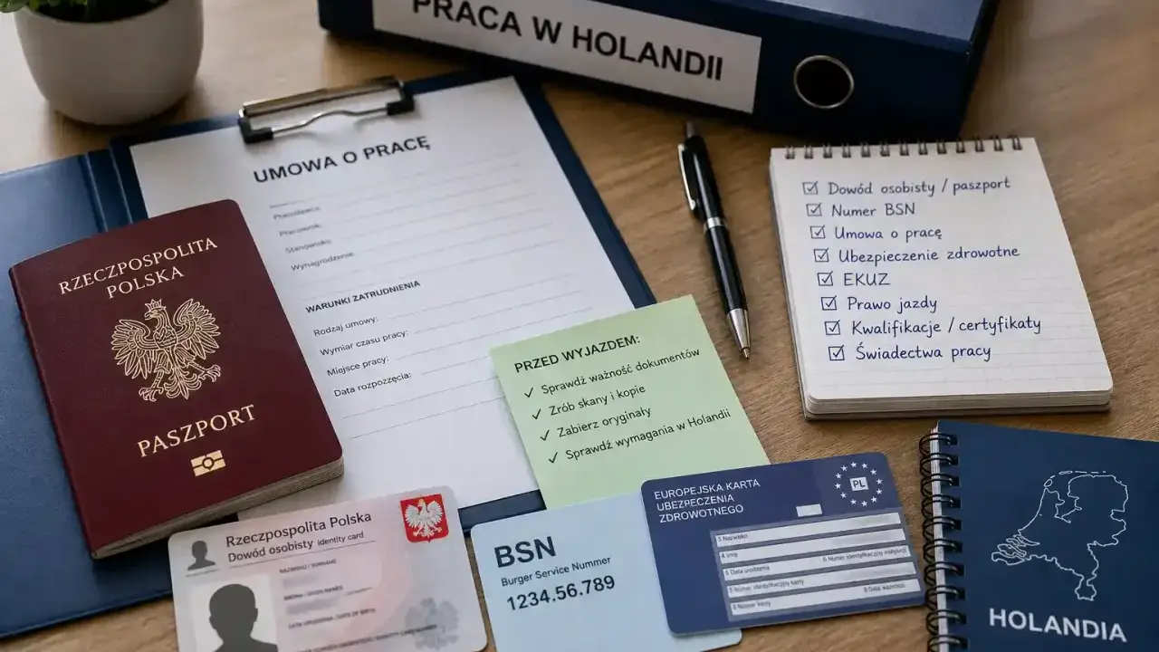 Dokumenty do pracy w Holandii: paszport, dowód, umowa, BSN, EKUZ. Lista kontrolna przed wyjazdem.