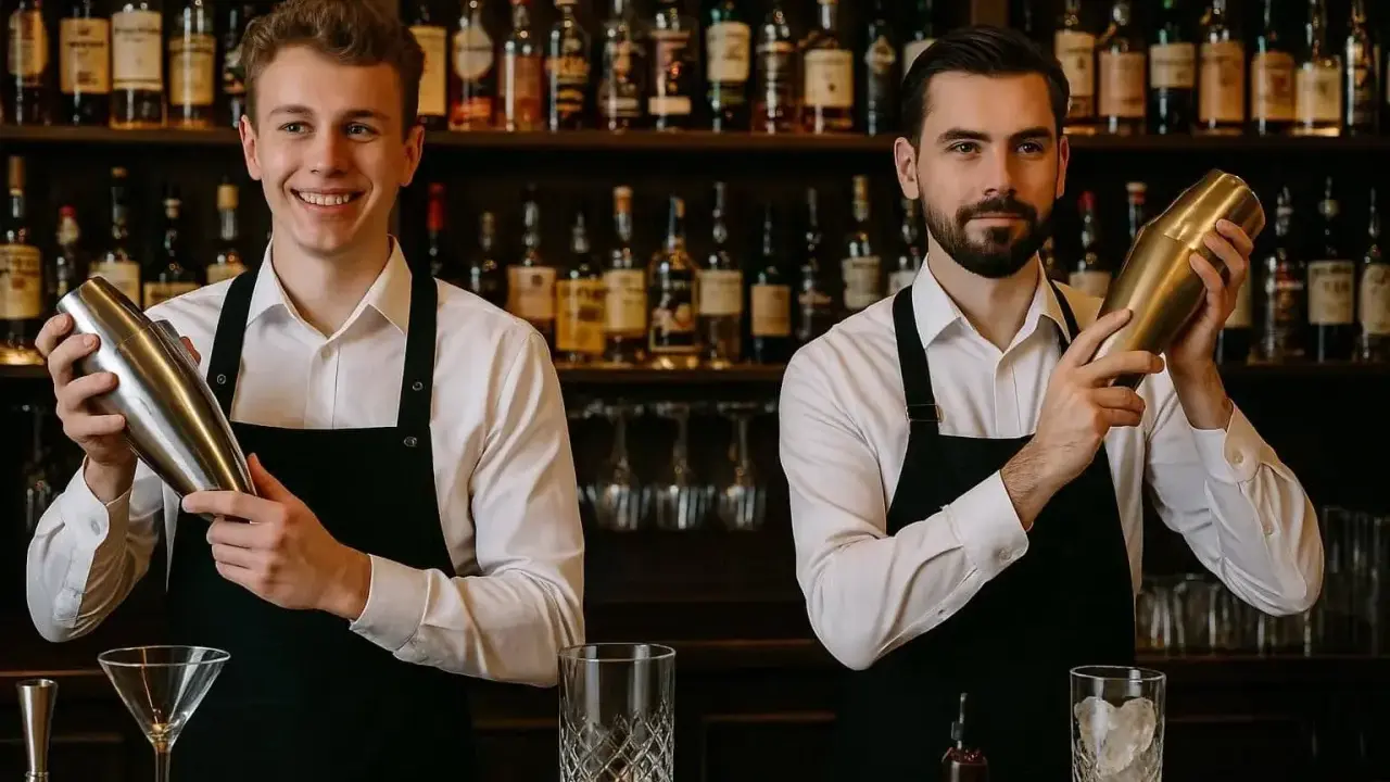 Dwóch młodych mężczyzn na kursie na barmana, każdy z shakerem w dłoni, na tle półek z alkoholem.