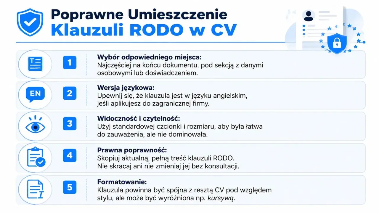Poradnik poprawnego umieszczenia klauzuli RODO w CV: wybór miejsca, wersja językowa, widoczność, poprawność prawna i formatowanie.