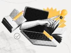Ręka wskazująca na żarówkę nad laptopem, symbolizująca pomysł na studia angielski. Ołówek i zaznaczony element dodają kontekstu nauki.