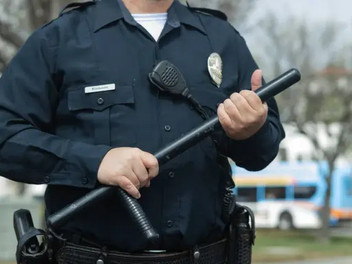 Ochroniarz w granatowym mundurze, z pałką w rękach. Może to być praca w ochronie bez kwalifikacji, gdzie liczy się gotowość do działania.