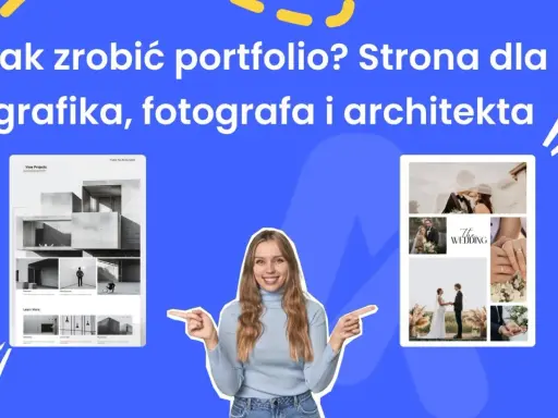 Kobieta prezentuje strony portfolio dla grafika, fotografa i architekta. To inspiracja do kreatywnej pracy nad własną wizytówką online.