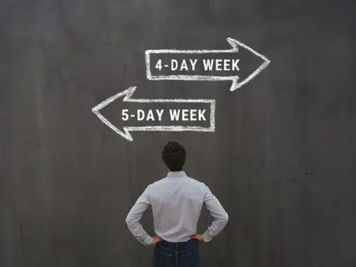 Mężczyzna stoi przed tablicą, na której kredą narysowano dwie strzałki: w prawo "4-DAY WEEK" i w lewo "5-DAY WEEK".