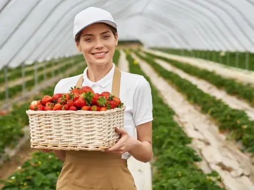 Uśmiechnięta pracownica w czapce i fartuchu trzyma kosz pełen truskawek. W tle widać plantację pod osłonami, gdzie trwa praca na produkcji.