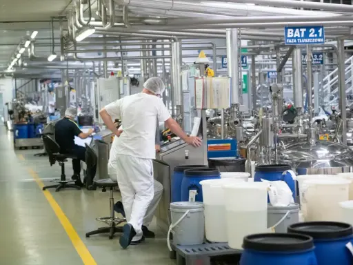 Praca w Niemczech z zakwaterowaniem: pracownicy w białych kombinezonach nadzorują produkcję w nowoczesnej fabryce.