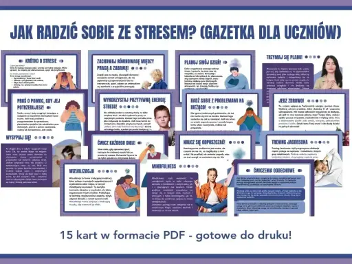 Gazetka dla uczniów o tym, jak radzić sobie ze stresem w pracy i szkole. Porady dotyczące snu, ćwiczeń, planowania i zdrowego odżywiania.