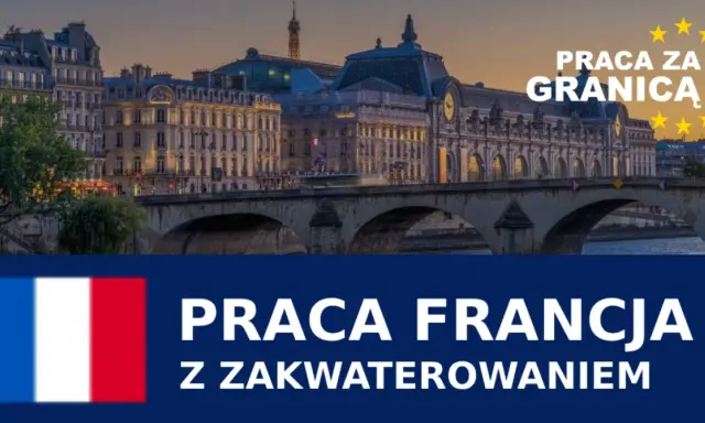 Praca Francja z zakwaterowaniem. Paryski most i budynki w tle.