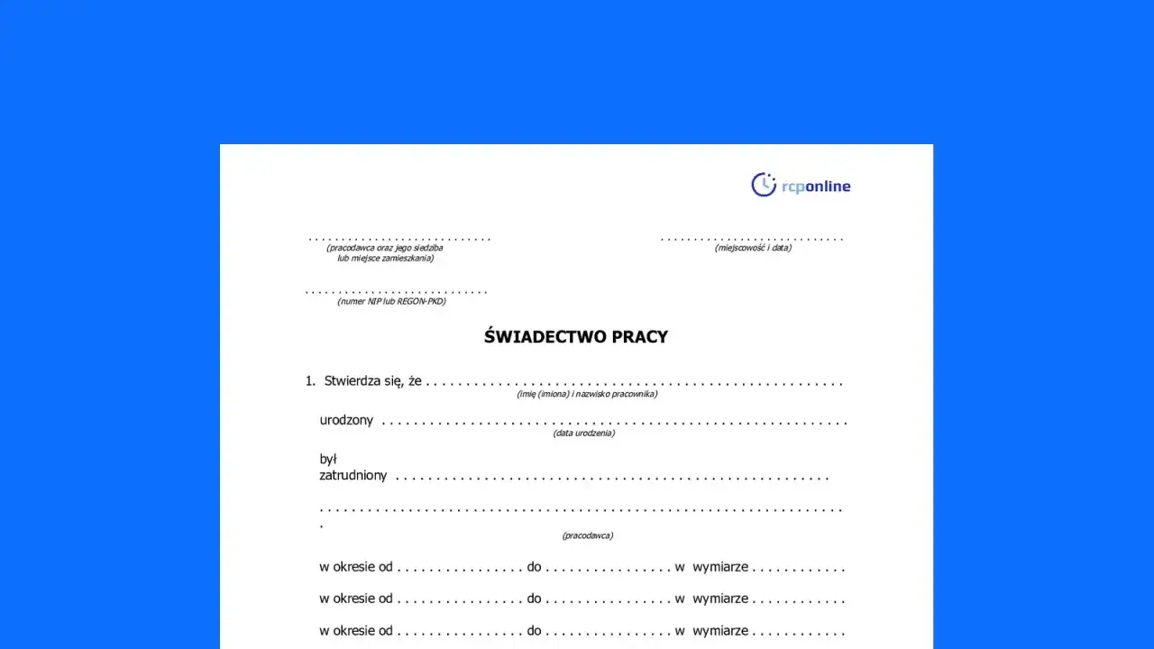 Formularz świadectwa pracy, dokument potwierdzający zatrudnienie.