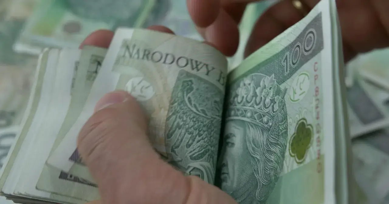 Dłonie przeglądają stos banknotów 100 zł. Może to być kwota zasiłku rehabilitacyjnego, która pomoże w powrocie do zdrowia.