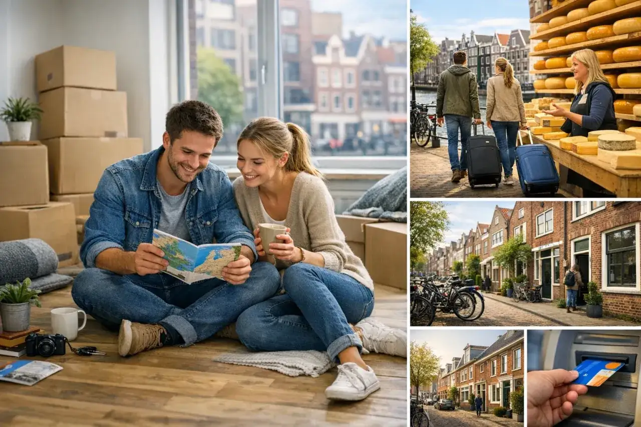 Para planuje pracę w Holandii, przeglądając mapę. Widok na Amsterdam, ser i bankomat.