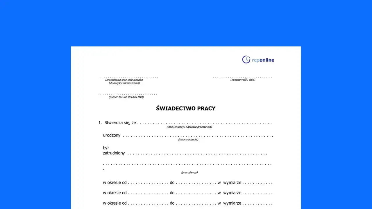 Formularz świadectwa pracy, dokument potwierdzający zatrudnienie.