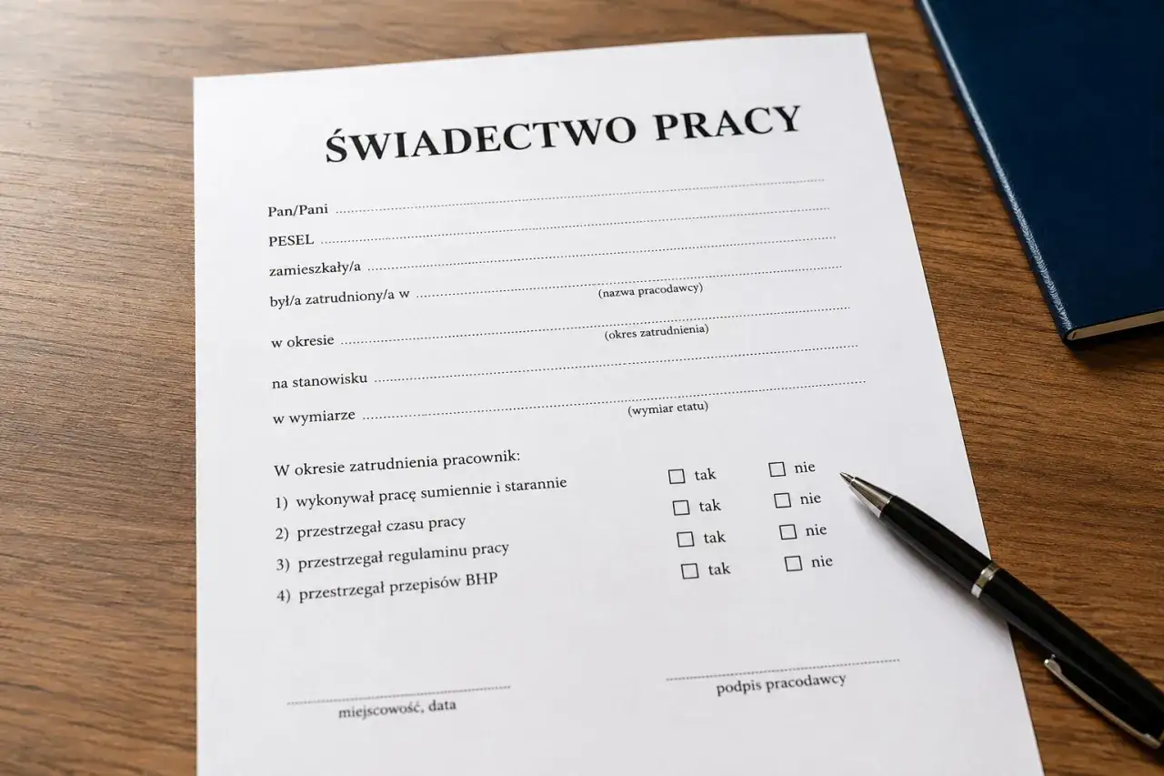 Formularz świadectwa pracy, który może być wypełniany po terminie. Zawiera dane pracownika i pracodawcy, okres zatrudnienia oraz ocenę pracownika.