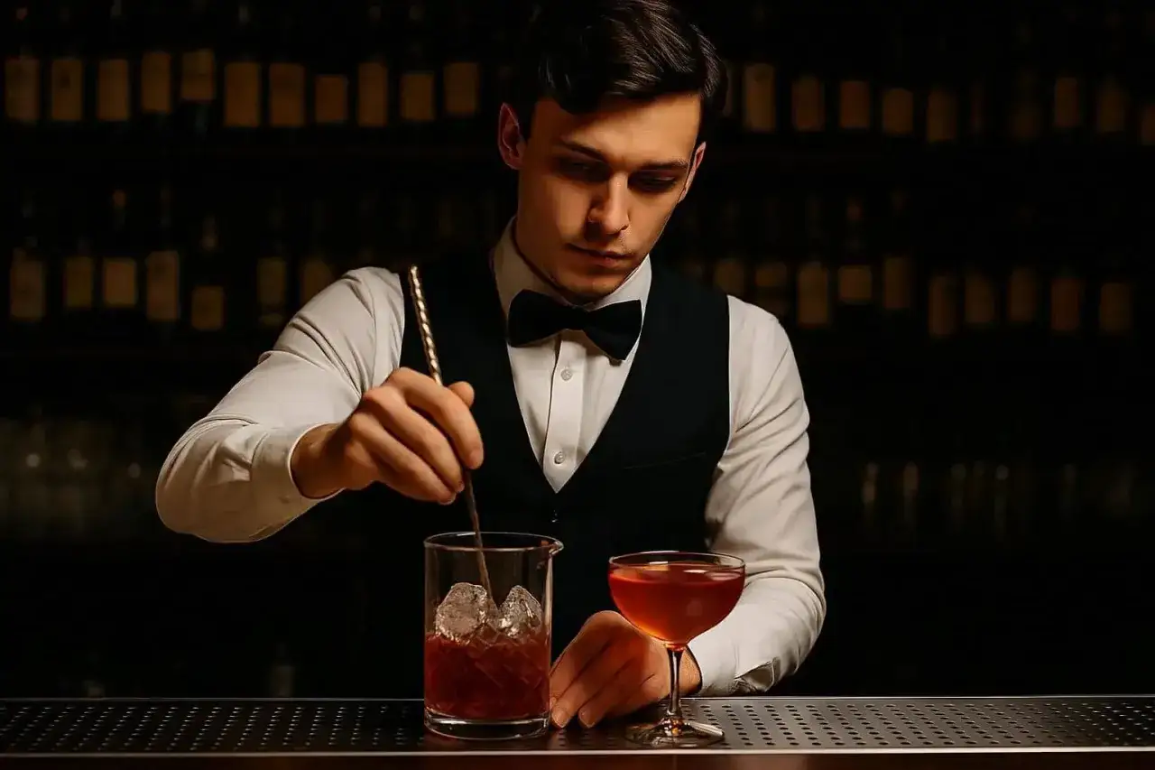 Młody barman w eleganckim stroju miesza drinka z lodem. To jego pierwszy krok na kursie na barmana.