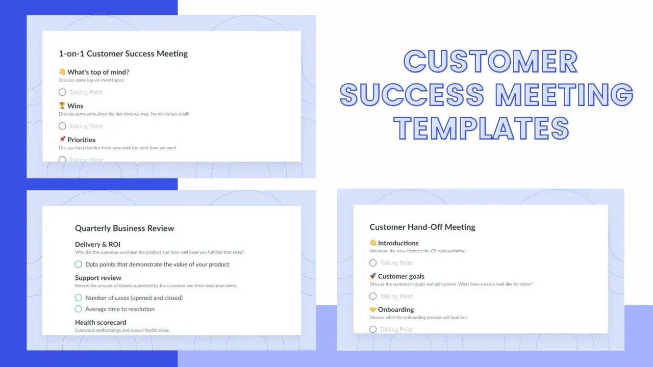 Szablony spotkań dla customer success manager: 1-na-1, przegląd kwartalny i przekazanie klienta.