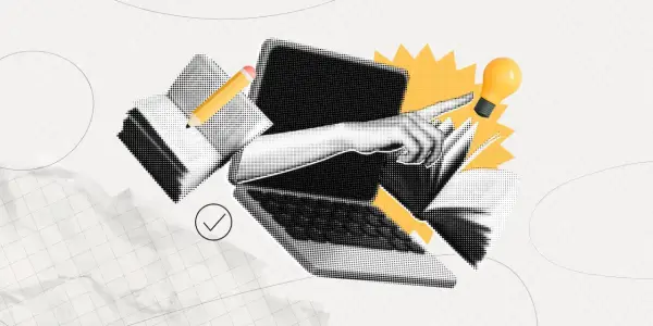 Ręka wskazująca na żarówkę nad laptopem, symbolizująca pomysł na studia angielski. Ołówek i zaznaczony element dodają kontekstu nauki.