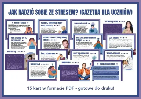 Gazetka dla uczniów o tym, jak radzić sobie ze stresem w pracy i szkole. Porady dotyczące snu, ćwiczeń, planowania i zdrowego odżywiania.