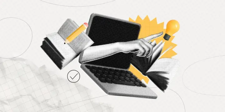 Ręka wskazująca na żarówkę nad laptopem, symbolizująca pomysł na studia angielski. Ołówek i zaznaczony element dodają kontekstu nauki.