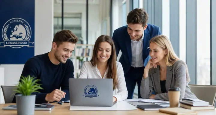 Studenci uczelni Łukasiewski analizują dane na laptopie, przygotowując się do studiów z zarządzania zasobami ludzkimi.