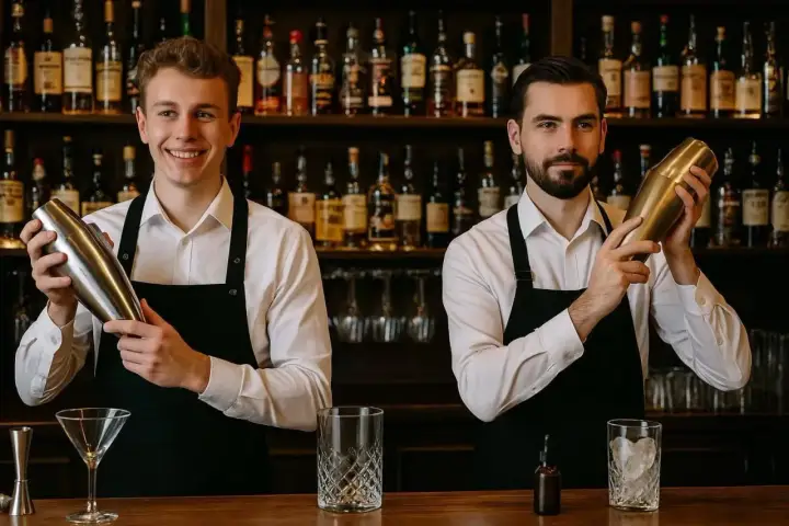 Dwóch młodych mężczyzn na kursie na barmana, każdy z shakerem w dłoni, na tle półek z alkoholem.