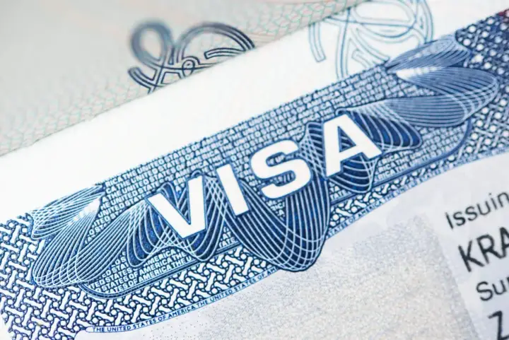 Zbliżenie na dokument z napisem "VISA" i elementami graficznymi. To może być wiza pracownicza USA, klucz do kariery za oceanem.