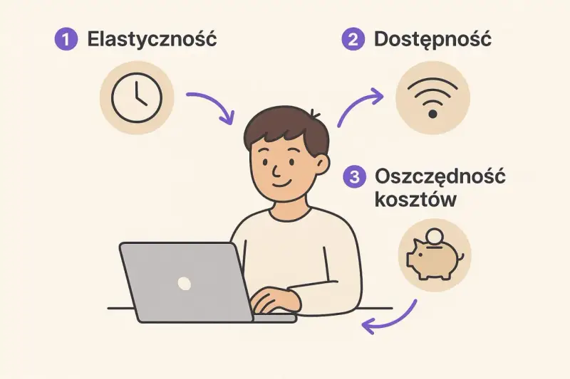 Chcesz wiedzieć, jakie kursy warto zrobić? Grafika pokazuje elastyczność, dostępność i oszczędność kosztów jako kluczowe zalety nauki online.