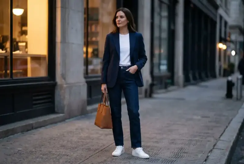 Kobieta w granatowej marynarce, białej koszulce i jeansach, z brązową torbą. Idealny przykład **smart casual dress code** na miejski spacer.