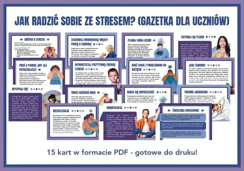 Gazetka dla uczniów o tym, jak radzić sobie ze stresem w pracy i szkole. Porady dotyczące snu, ćwiczeń, planowania i zdrowego odżywiania.